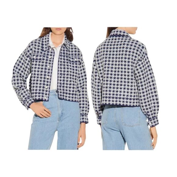 SANDRO PARIS Blue Jayce Wool Blend Checkered Tweed Pearl Button Jacket size 4 - Picture 1 of 9